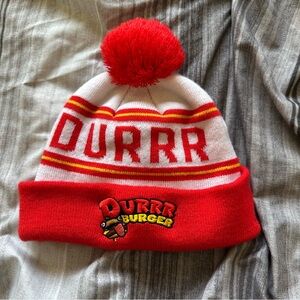 Durrr Burger Kids Pom Pom Beanie Hat - Red and White